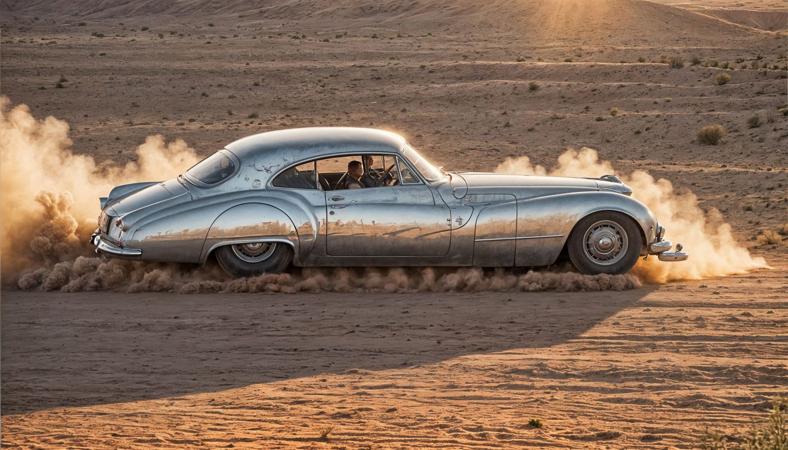 Vintage Car Races Through Desert at Golden Hour