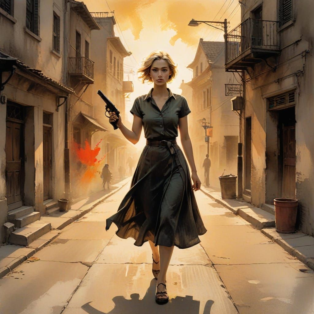 Strong Woman with Revolver in Ink Wash Style