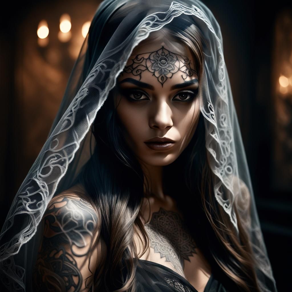 Mysterious Veiled Temptress in Smoky Room