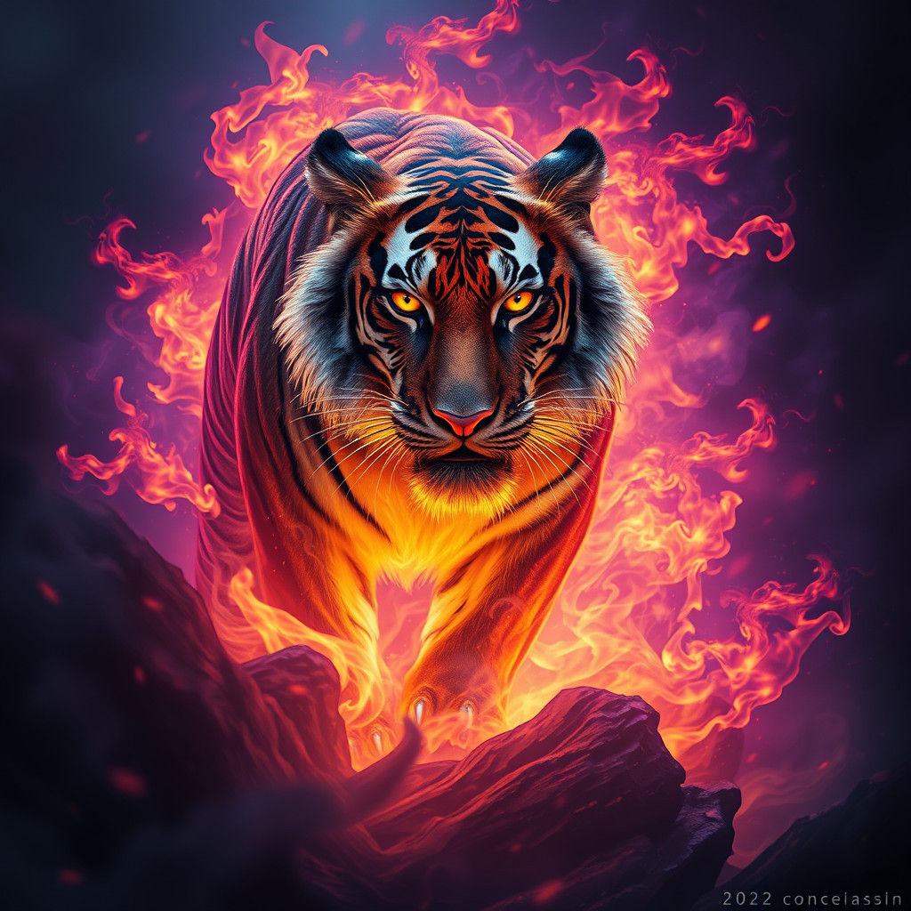 Majestic Fire Tiger in Dark Fantasy Art Nouveau Style