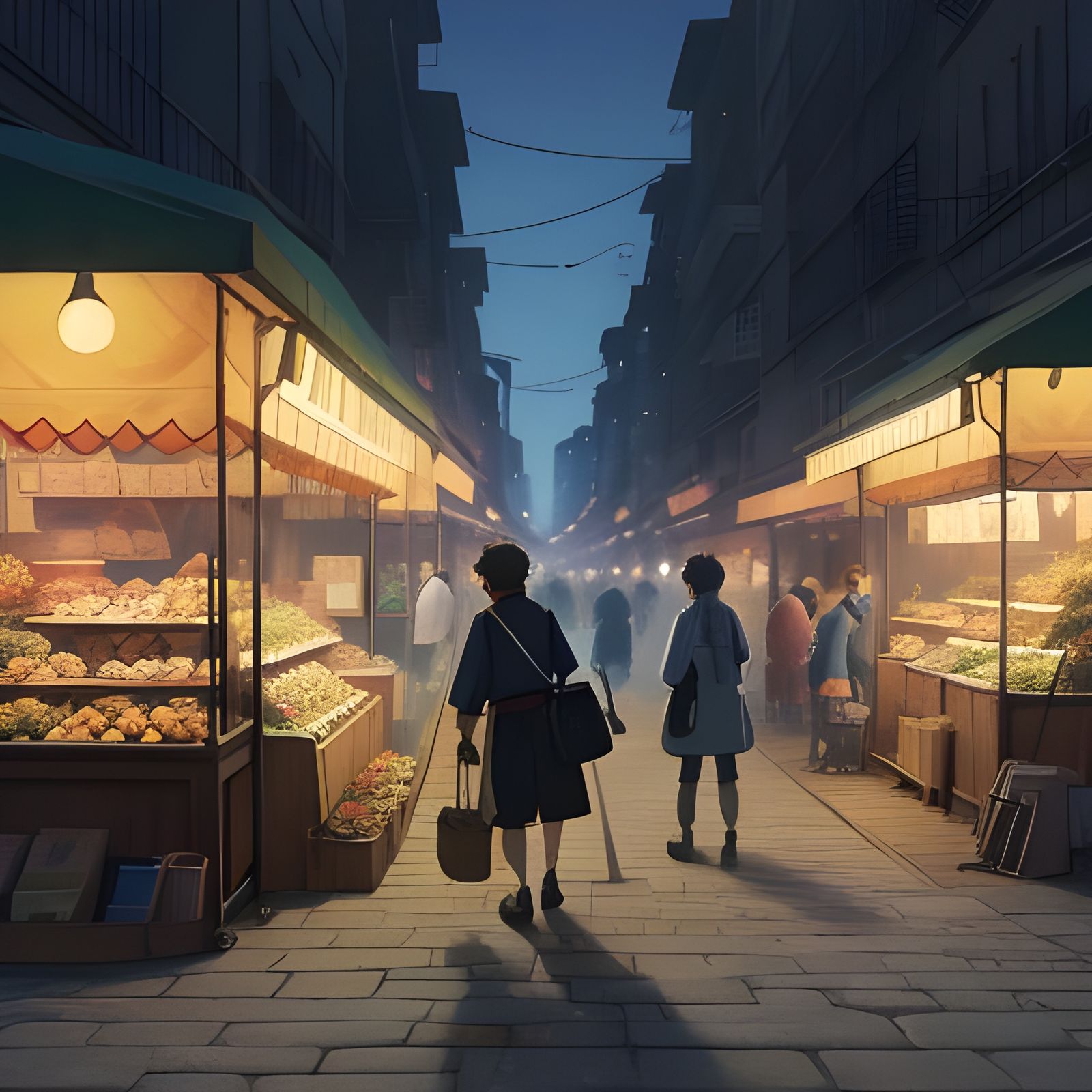 Lively Night Street Scene in Anime Style