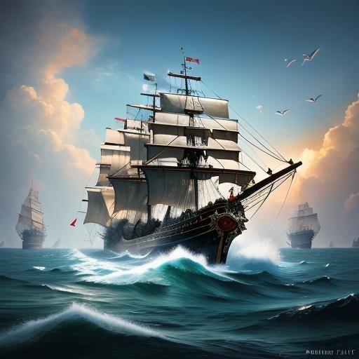 Pirate Battle Fleet at Sea: Hyperrealistic Splash Art
