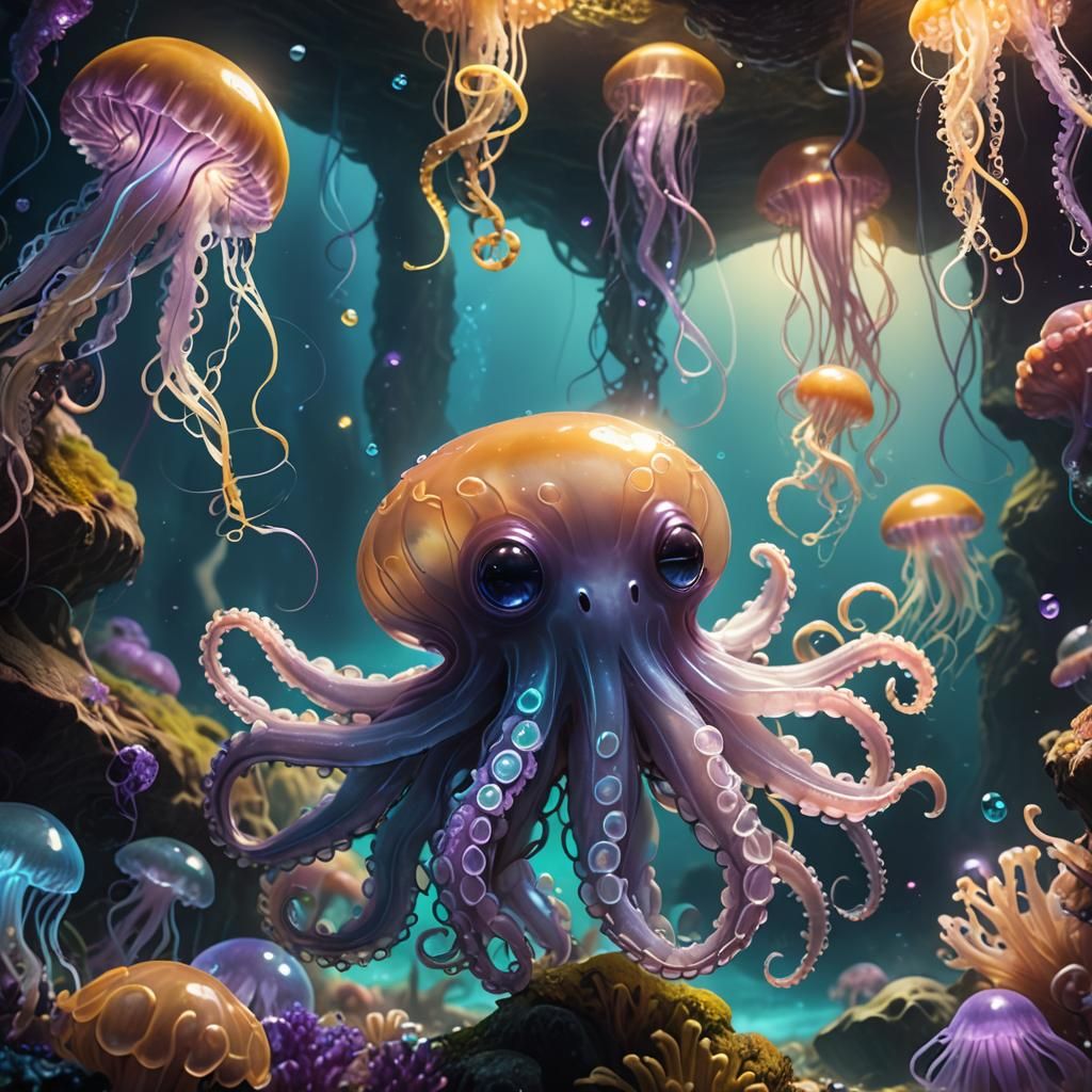 Glowing Octopus Garden in a Vibrant Ocean Cave