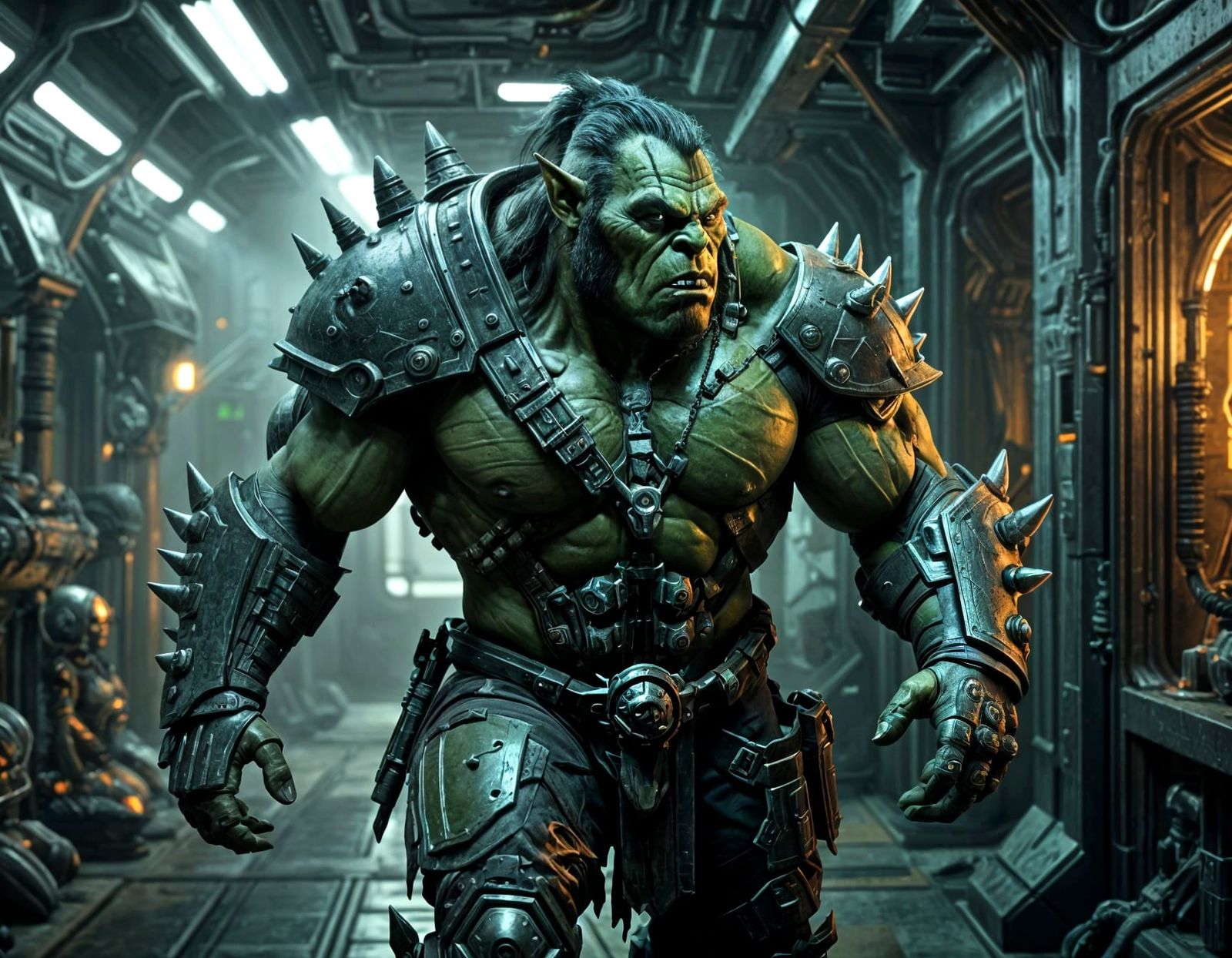 Cybernetic Orc Warrior in Gritty Sci-Fi Ship
