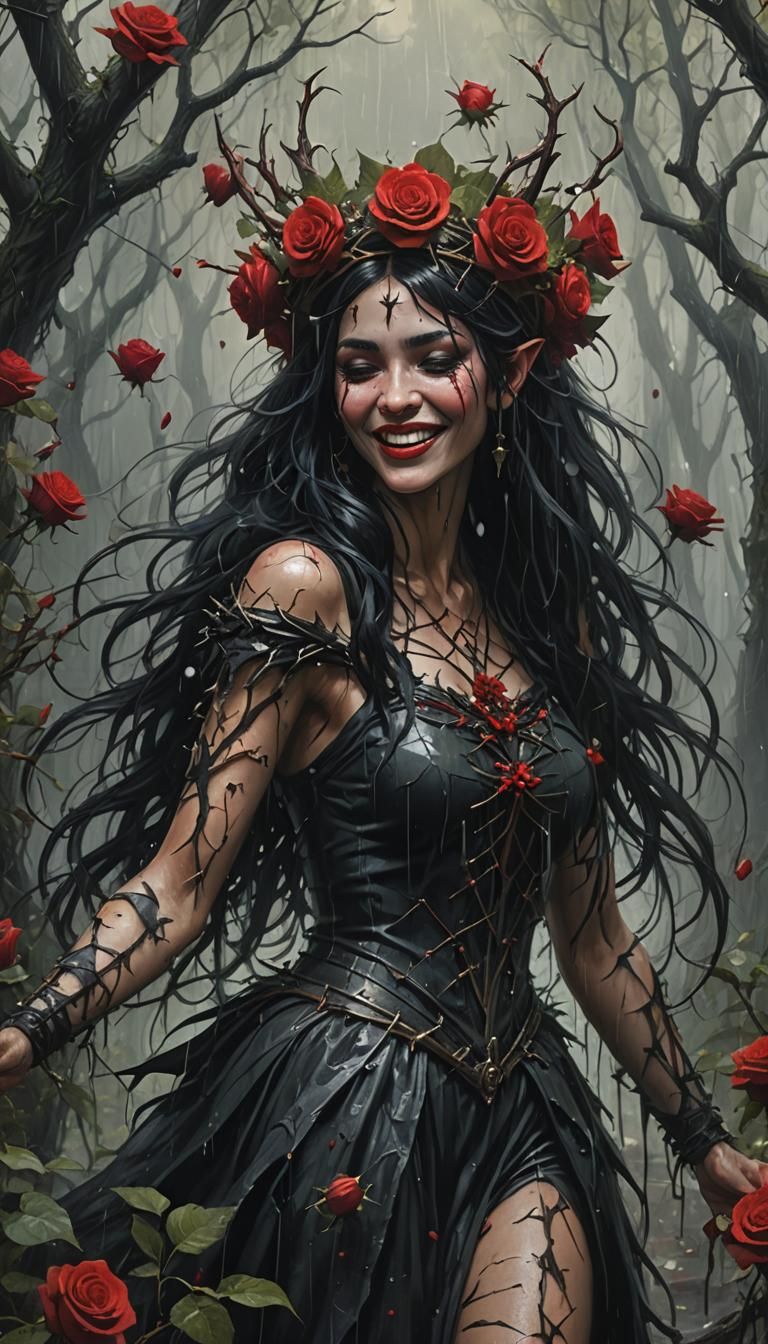 Dark Fairy Laughing in the Rain in Ethereal Forest