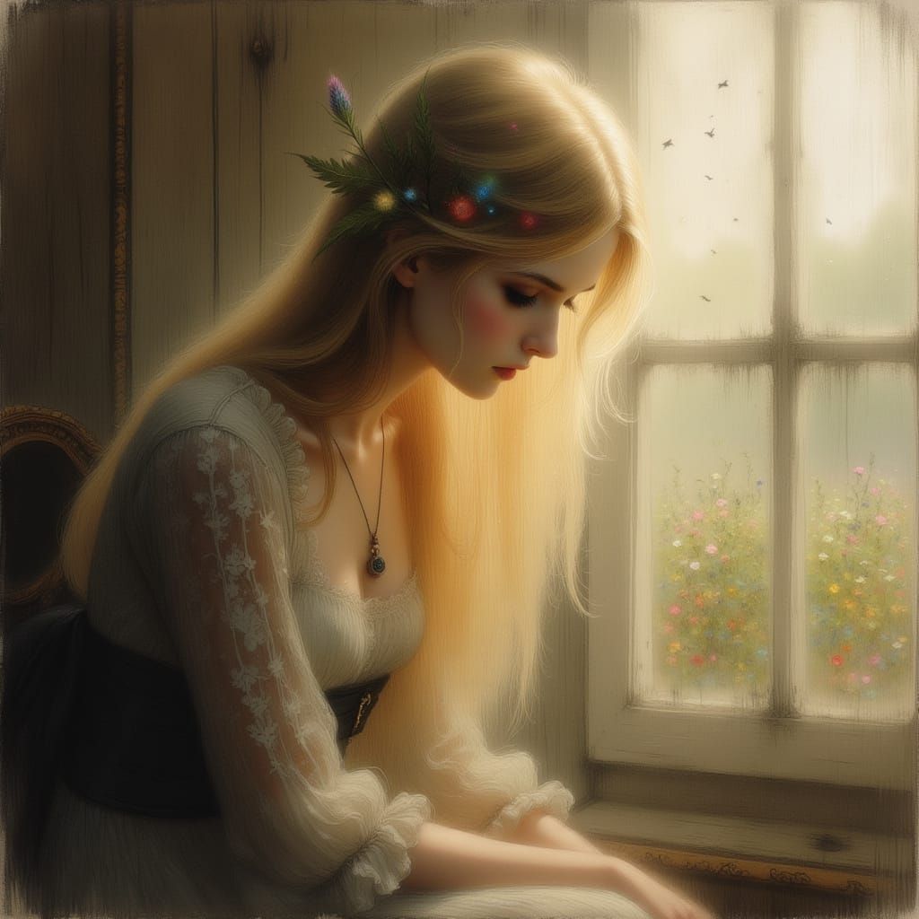 Serene Woman Lost in Thought, Soft Golden Lighting