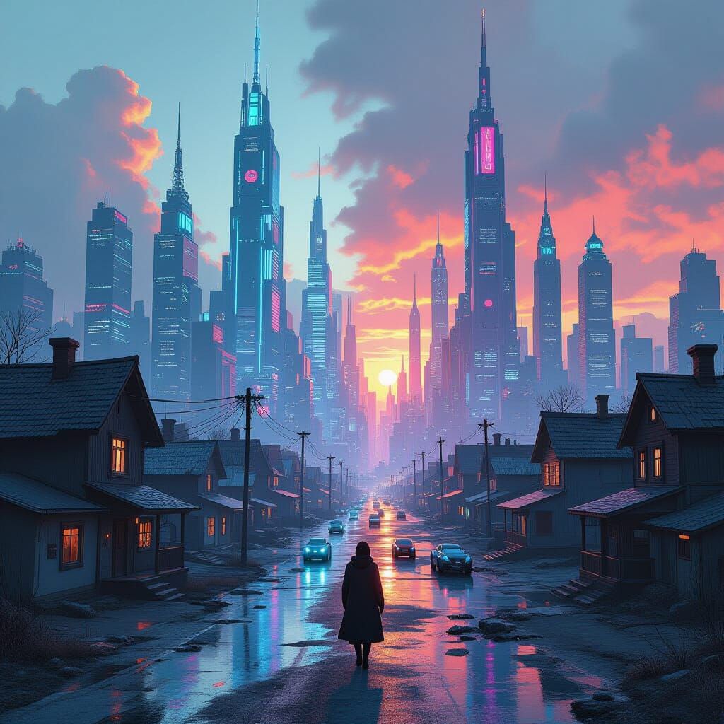 Dystopian Cityscape: Poverty vs. Futuristic Metropolis