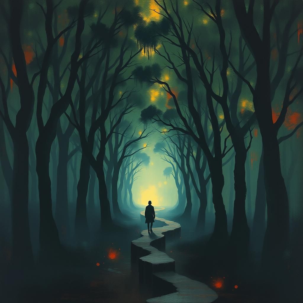 Eerie Figure in Beautiful Dark Forest, Abstract Landscape