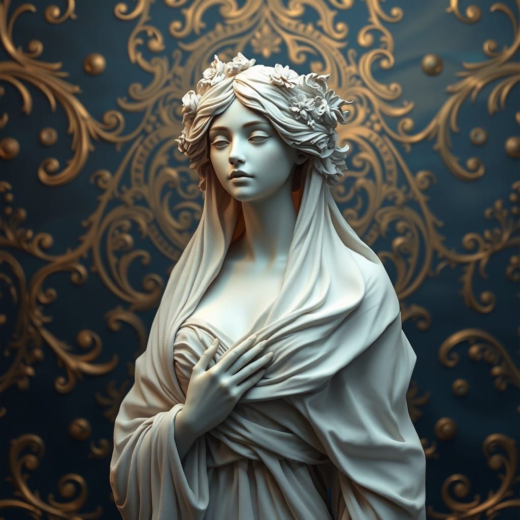 Ethereal Woman in Lavish, Rococo-Inspired Fantasy Landscape