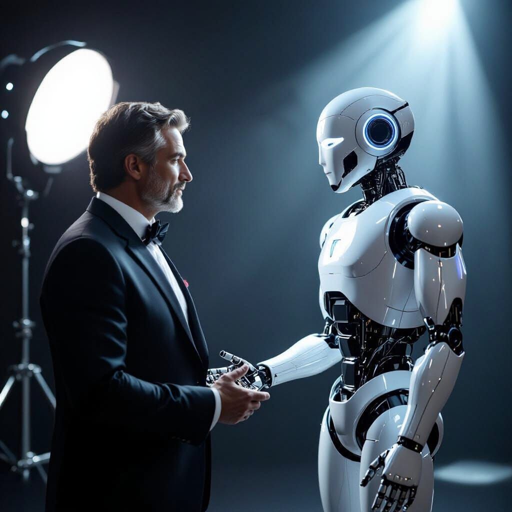Robot and Man Converse Under Dramatic Spotlight