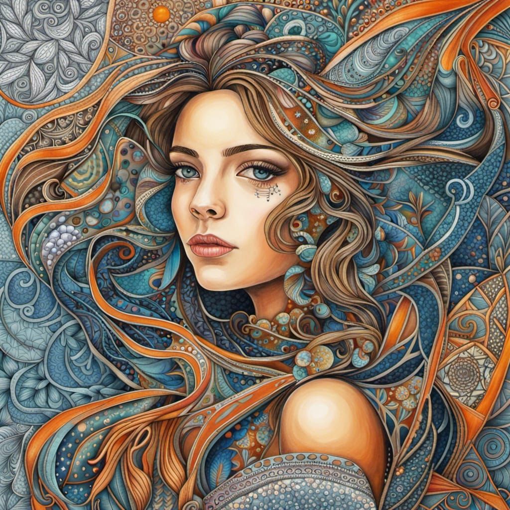 Zentangle Woman: Mixed Media Hyperrealistic Gouache