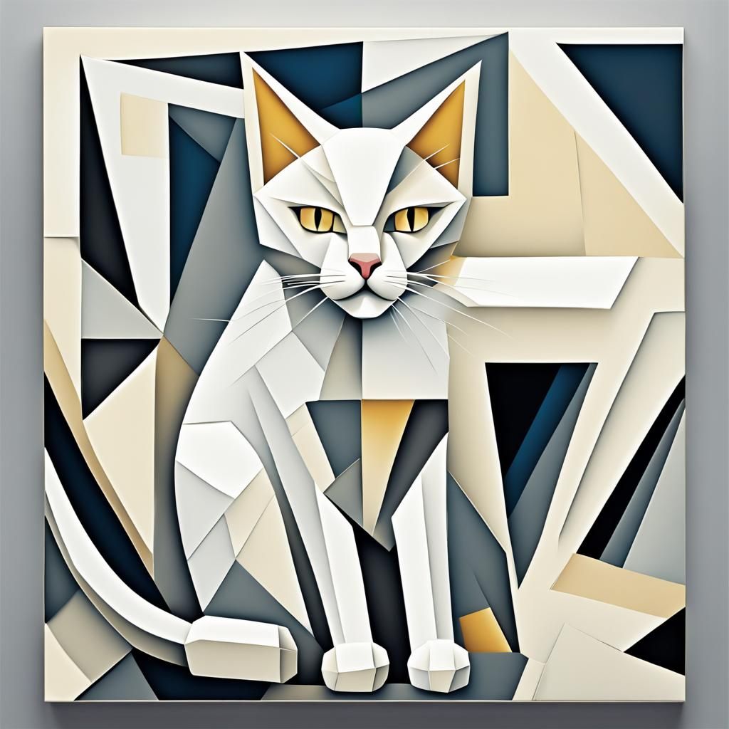 Cubist White Cat in Geometric Art Deco Style