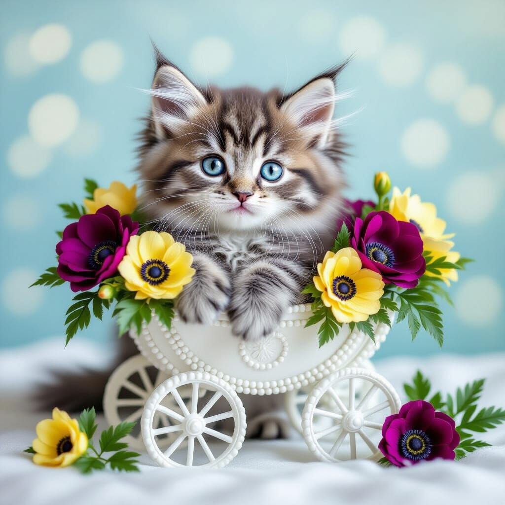 Fluffy Kitten with Carriage of Flowers, in Digital Art Style