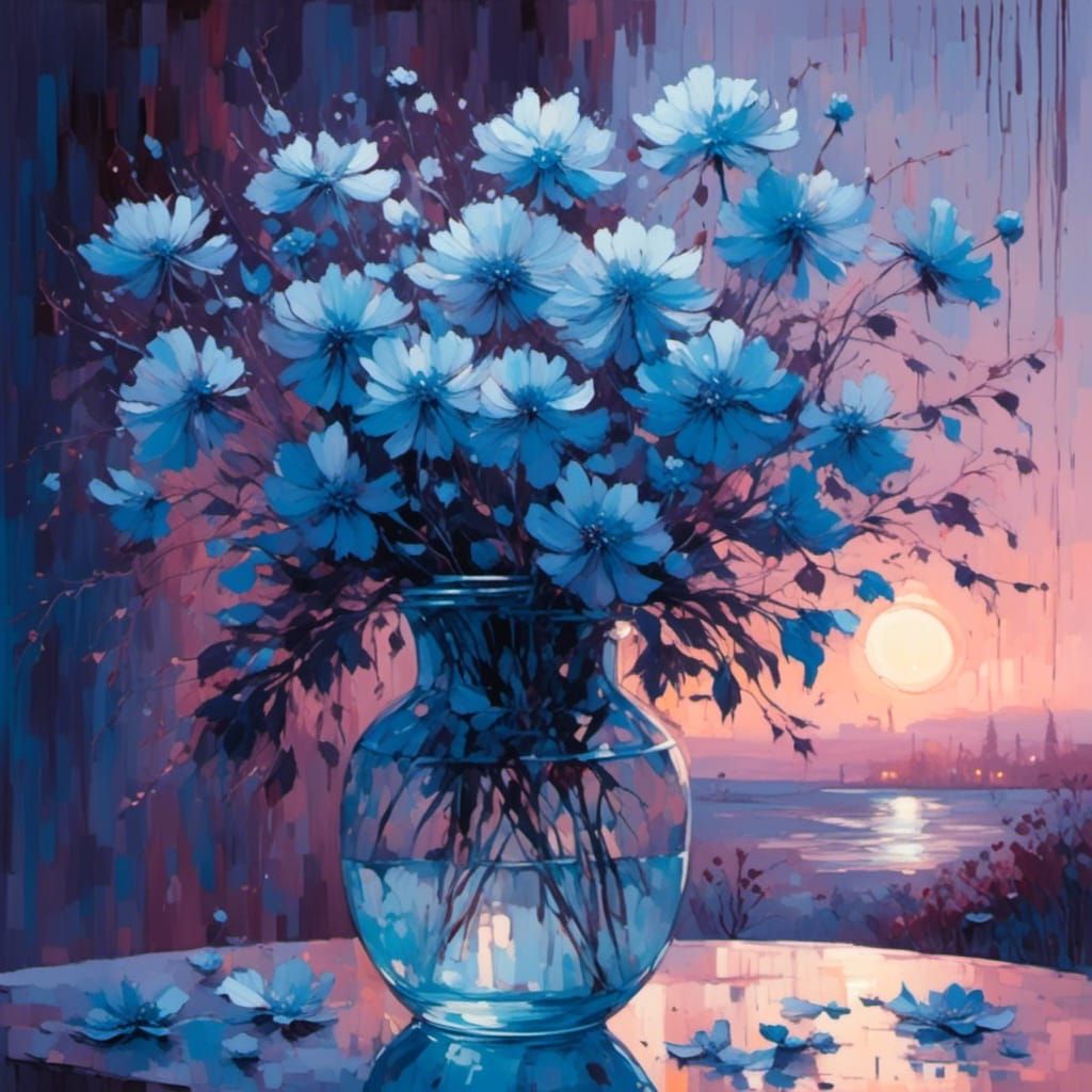 Translucent Blue Flowers in Soft Purple Light