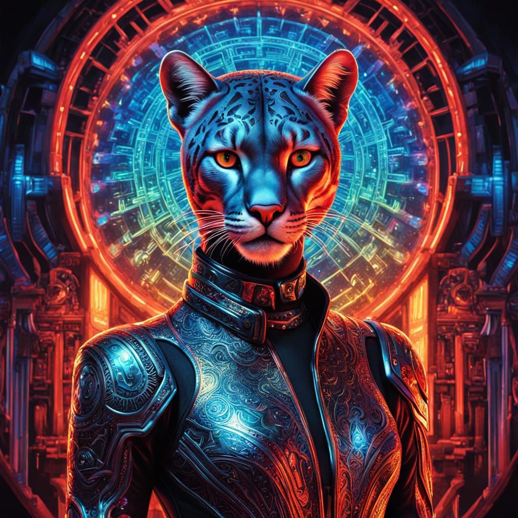 Ethereal Cybernetic Feline in High-Fashion Attire