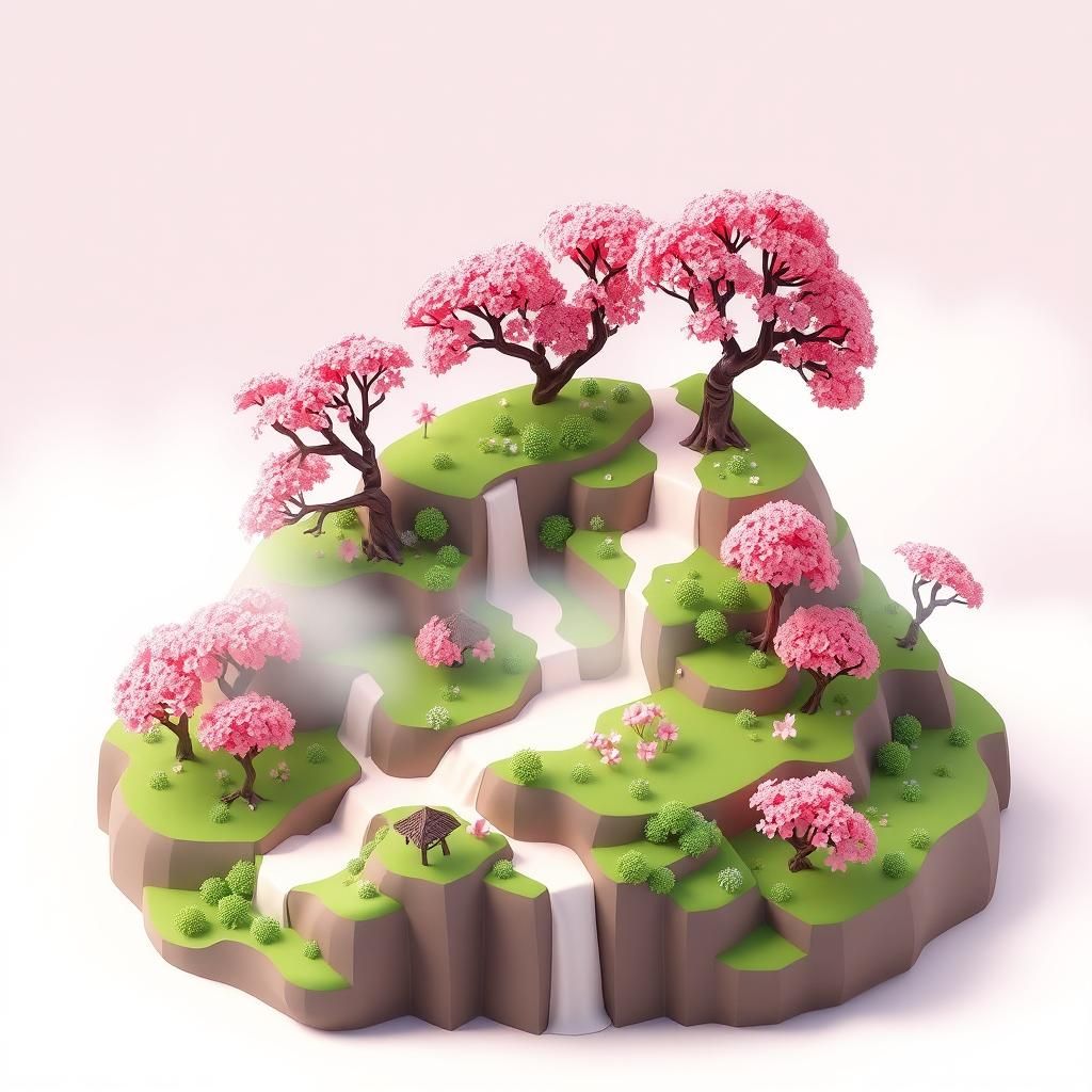 Isometric Cherry Blossom Island with Pink Waterfalls