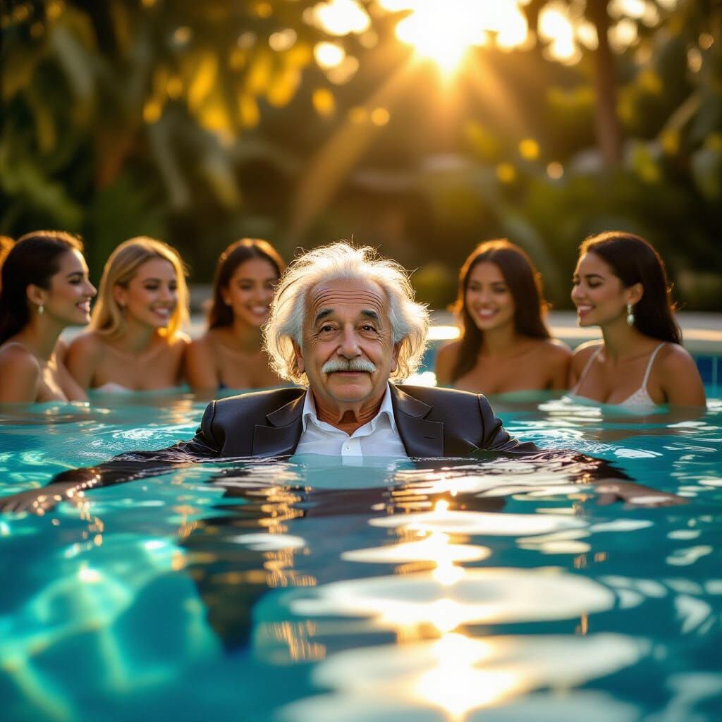 Einstein in Pool with Women: Golden Hour Hyperrealism