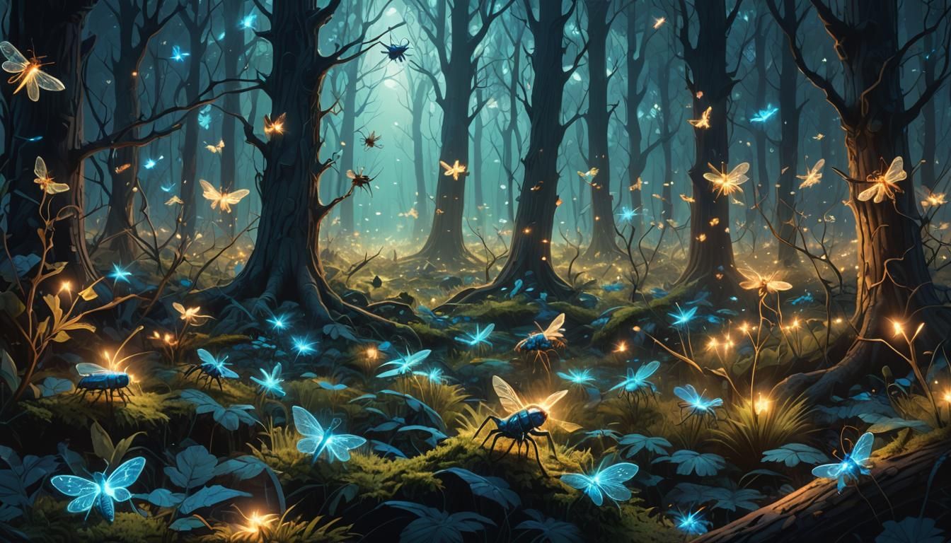 Glowing Insects Swarm in Moody Forest, Astral Illustration