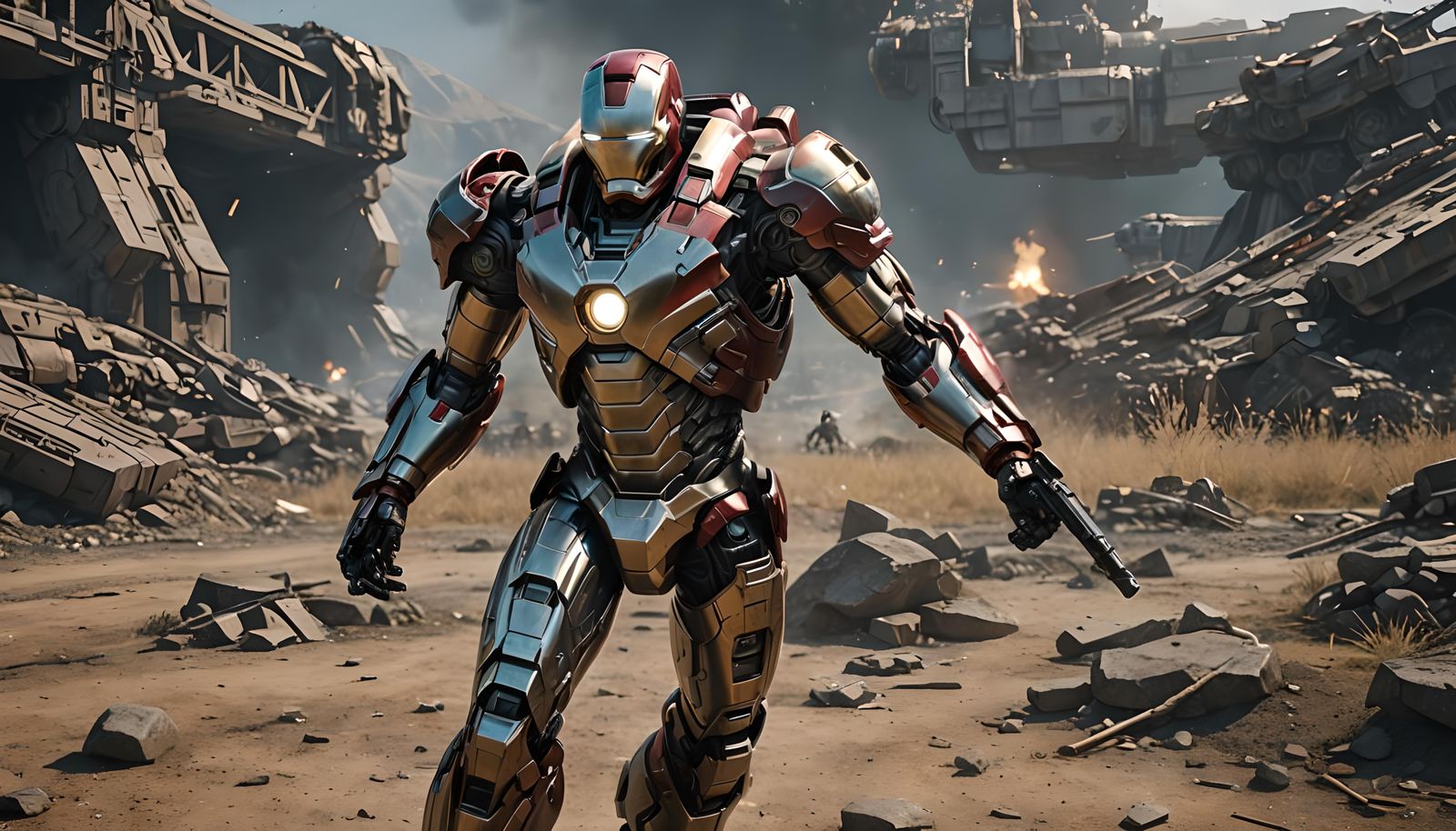 Iron Man in Battlefield with Intricate Mech Details