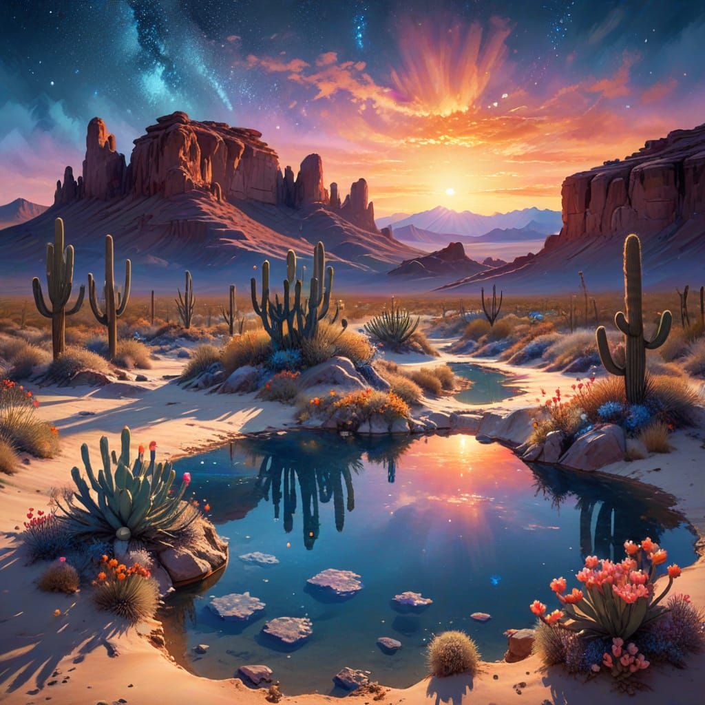 Fantasy Desert Oasis Under Starry Twilight