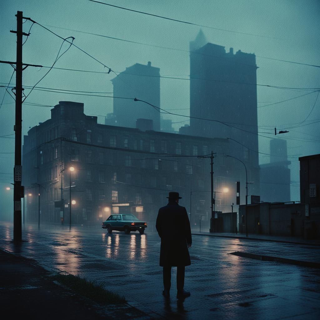 Industrial Cityscape at Dusk: A Cinematic Film Still