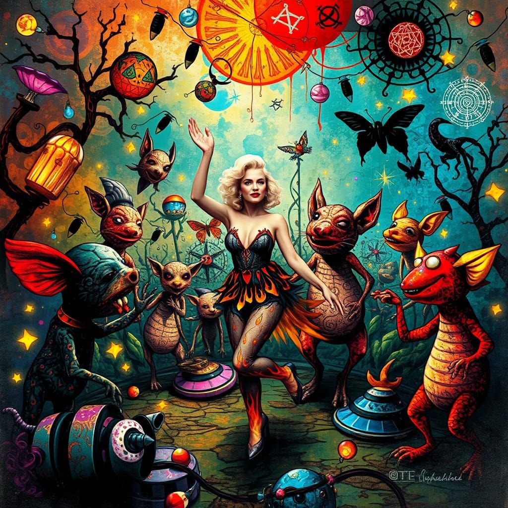 Vibrant Cyberpunk Scene with Fantastical Creatures and Whims...