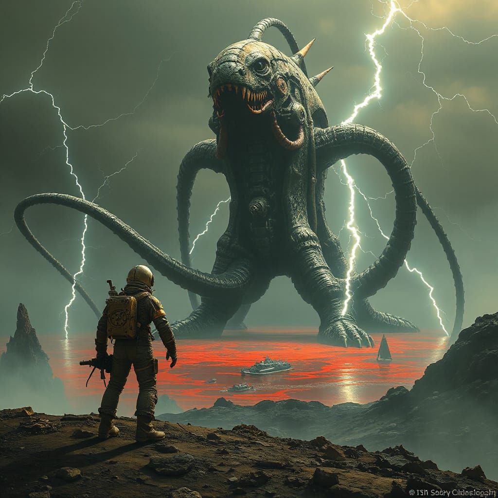Astronaut and Biomechanical Kraken on Alien Planet