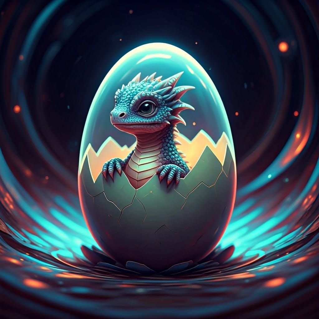 Iridescent Dragon Hatching from Glowing Egg
