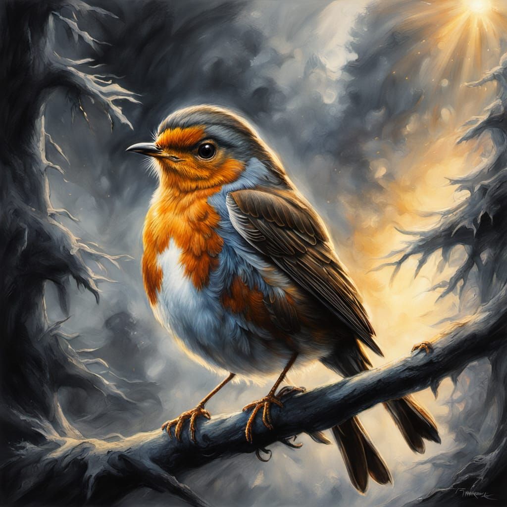 Robin in Mist: A Hyperdetailed Charcoal Fantasy
