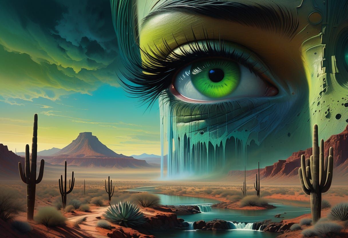 Ethereal Neon Eye in Vibrant Desert Landscape