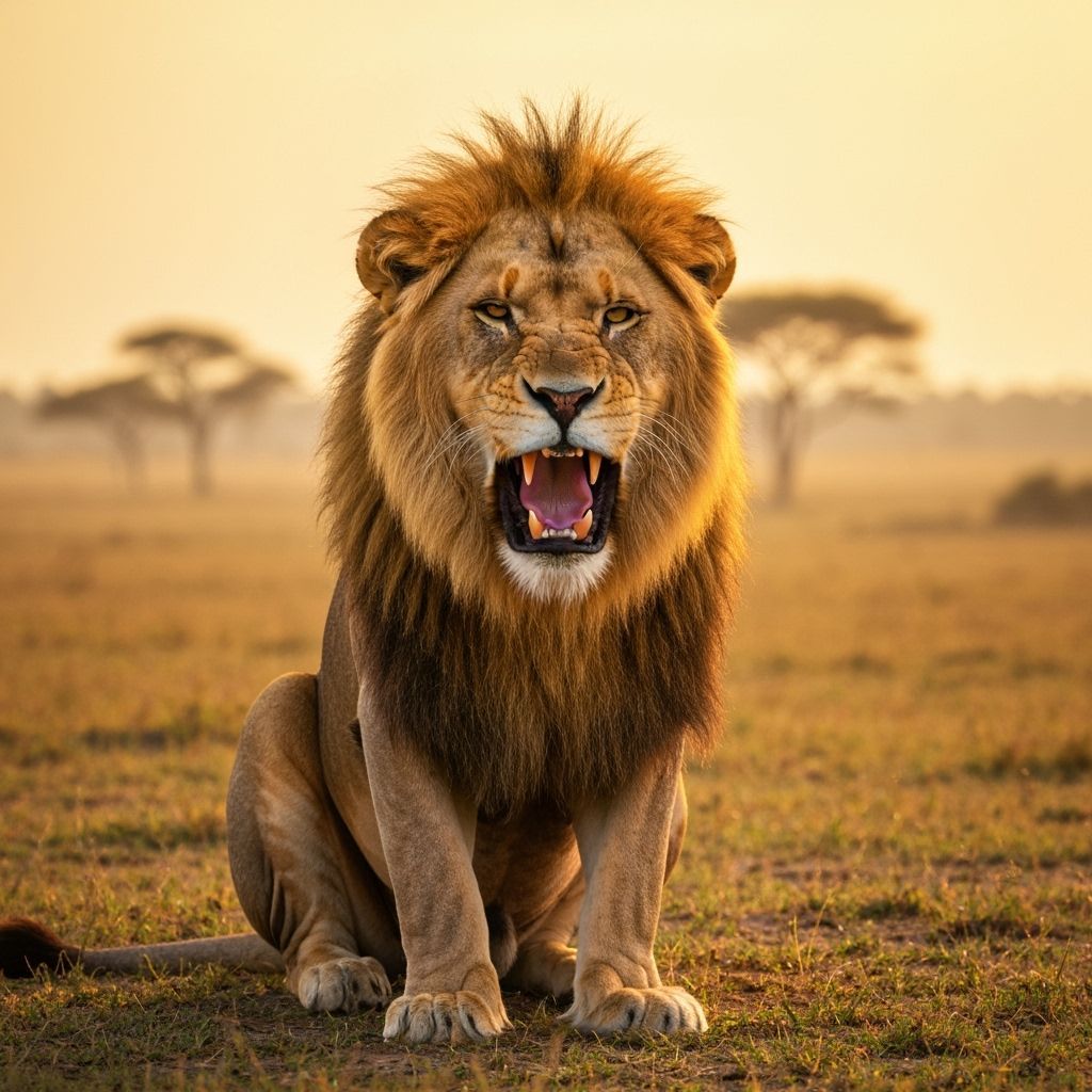 Majestic Lion Roaring at Sunset on African Plains