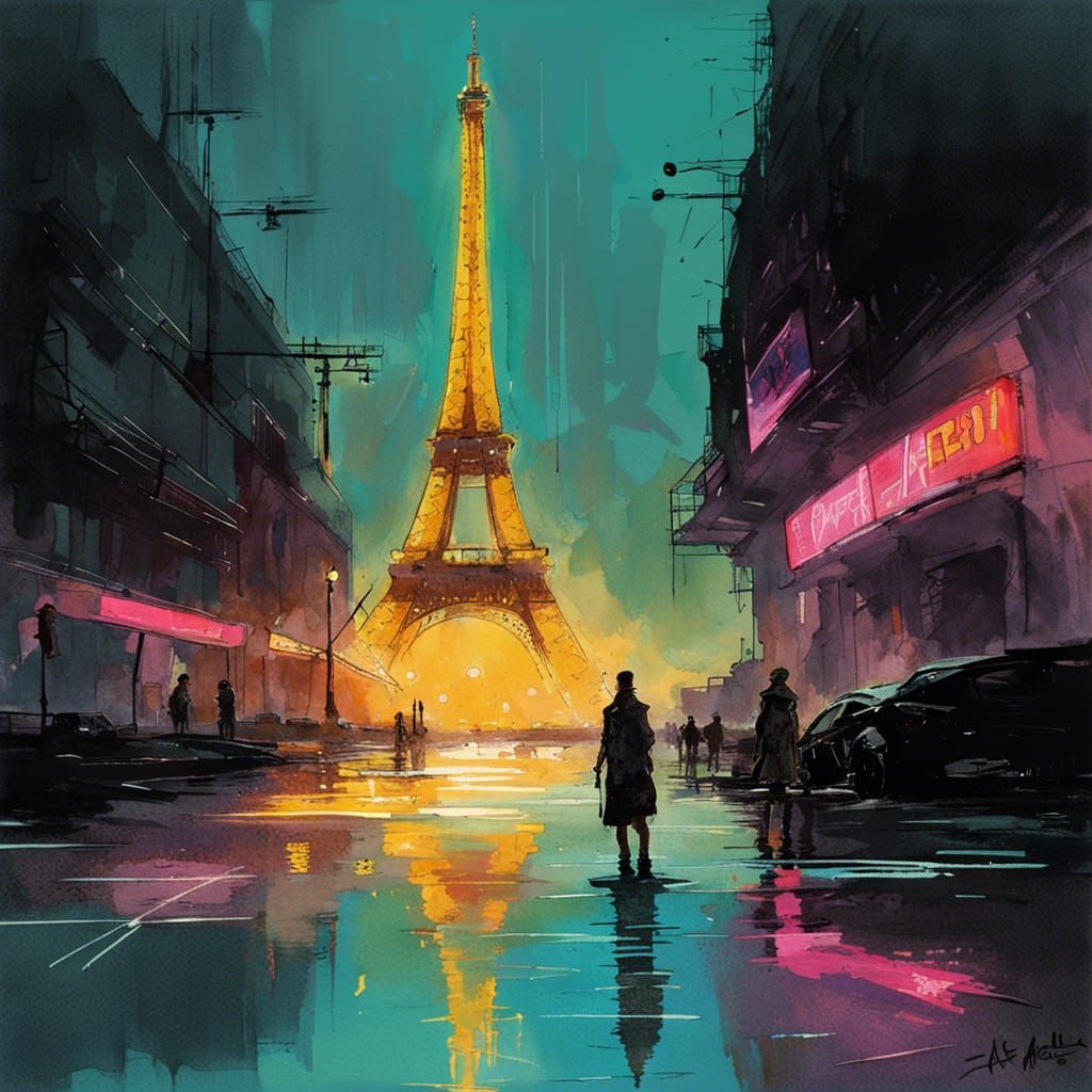 Flooded Eiffel Tower in Cyberpunk Watercolor Style