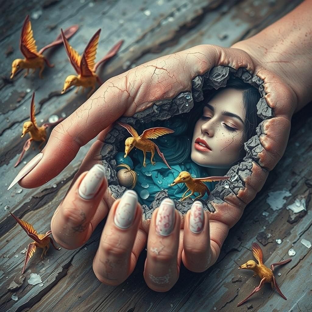 Surreal Woman Emerges from Cracked Hand