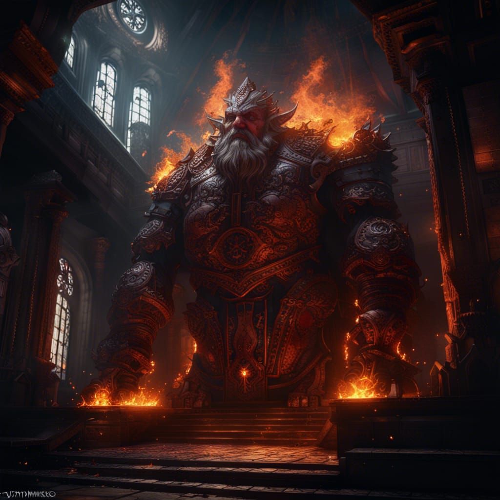 Fiery Giant Lifting Mansion: Dark Fantasy Art