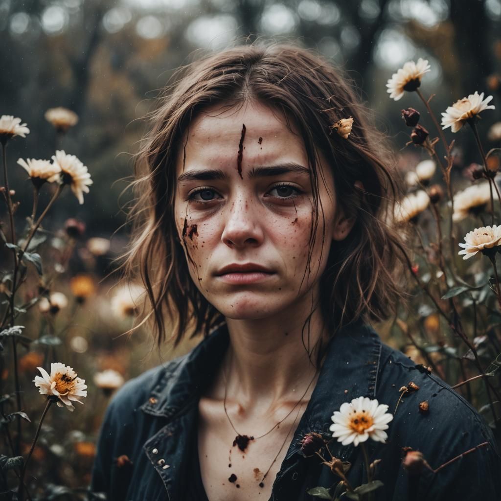 Emotional Portrait of a Crying Woman in Garden