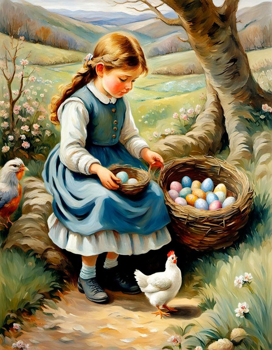 Girl Finds Easter Eggs, Impasto Oil Painting