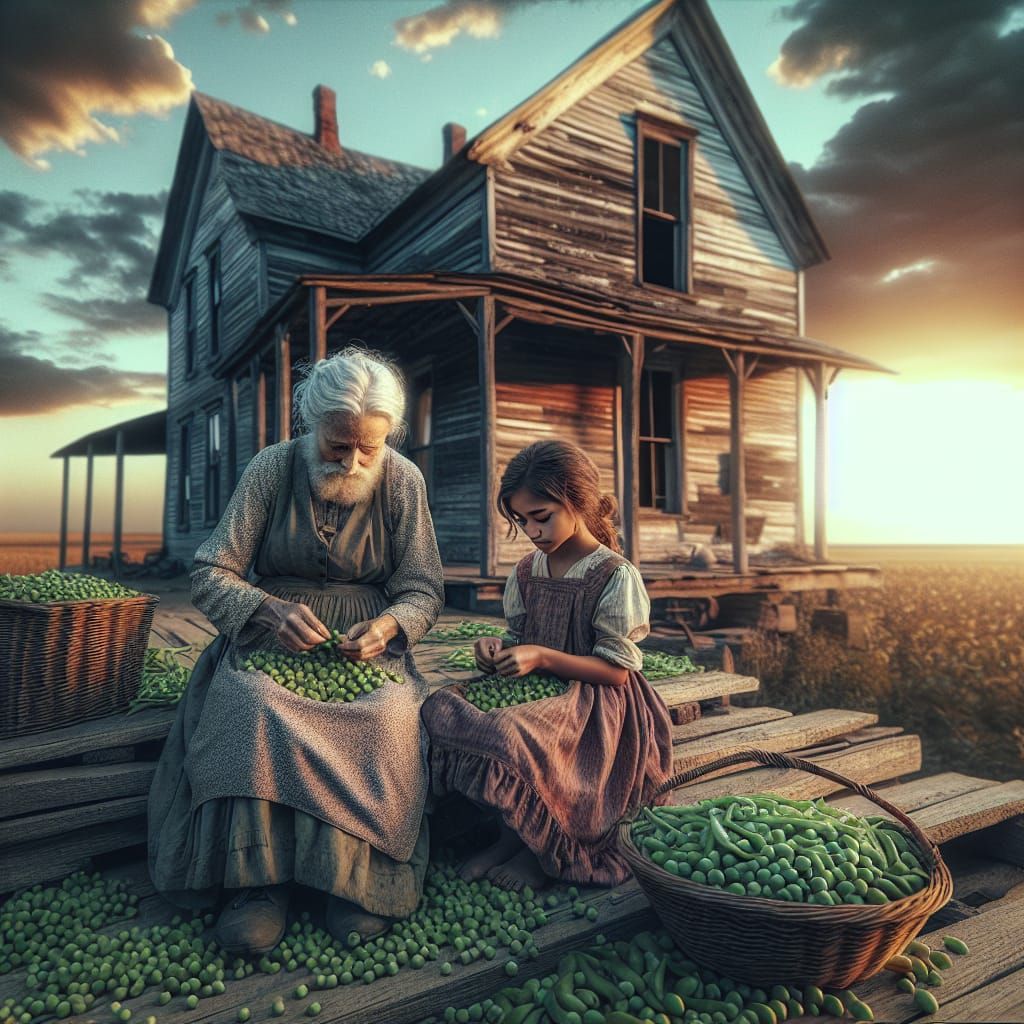 Grandma and Girl Shelling Peas: Digital Matte Painting