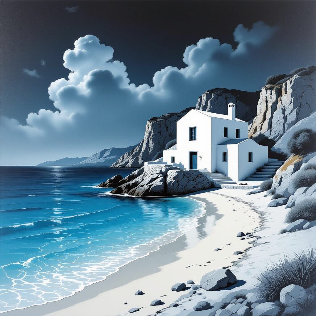 Surreal Monochrome Greek Island Beach House Painting