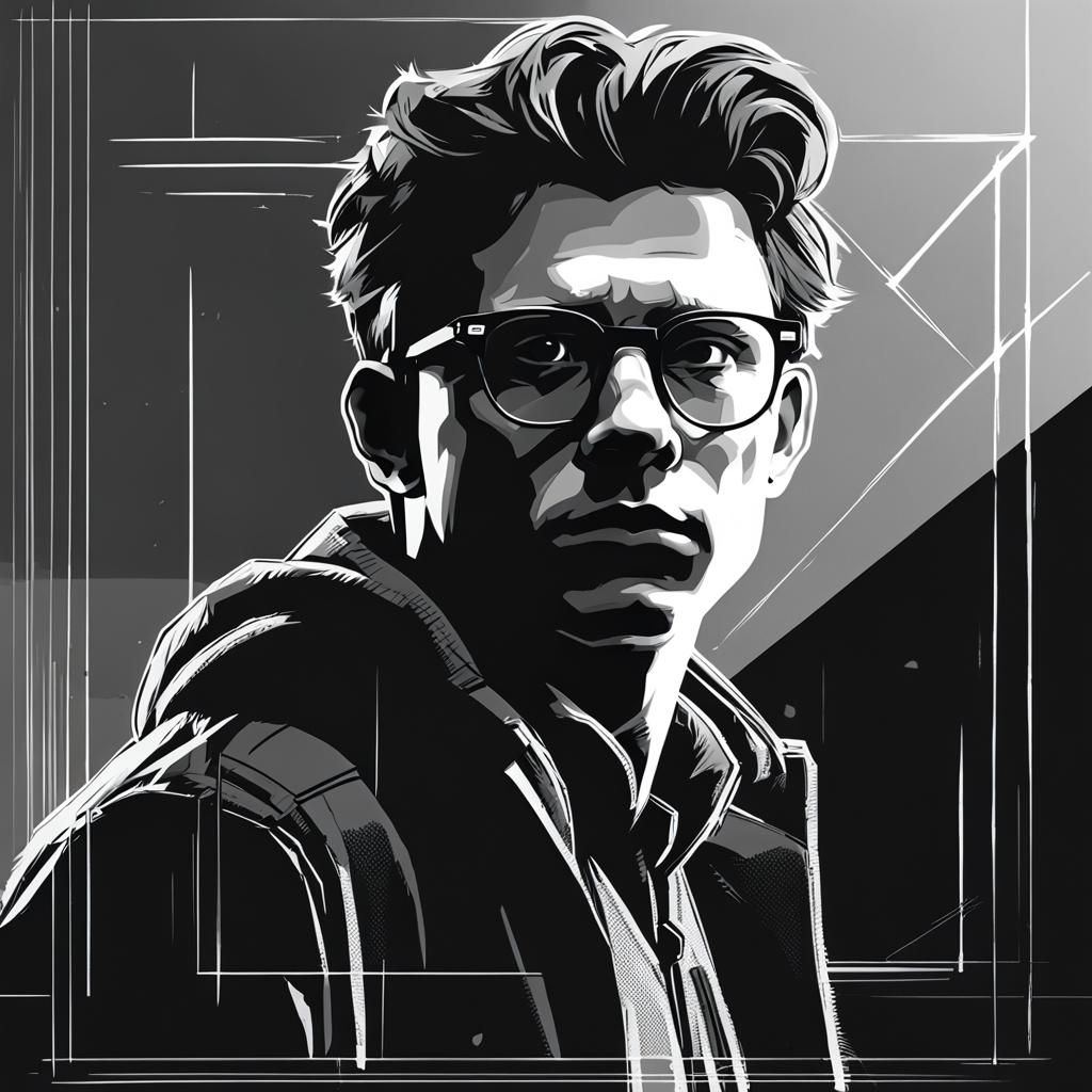 Man in Steel Frames: Grayscale Digital Art Portrait