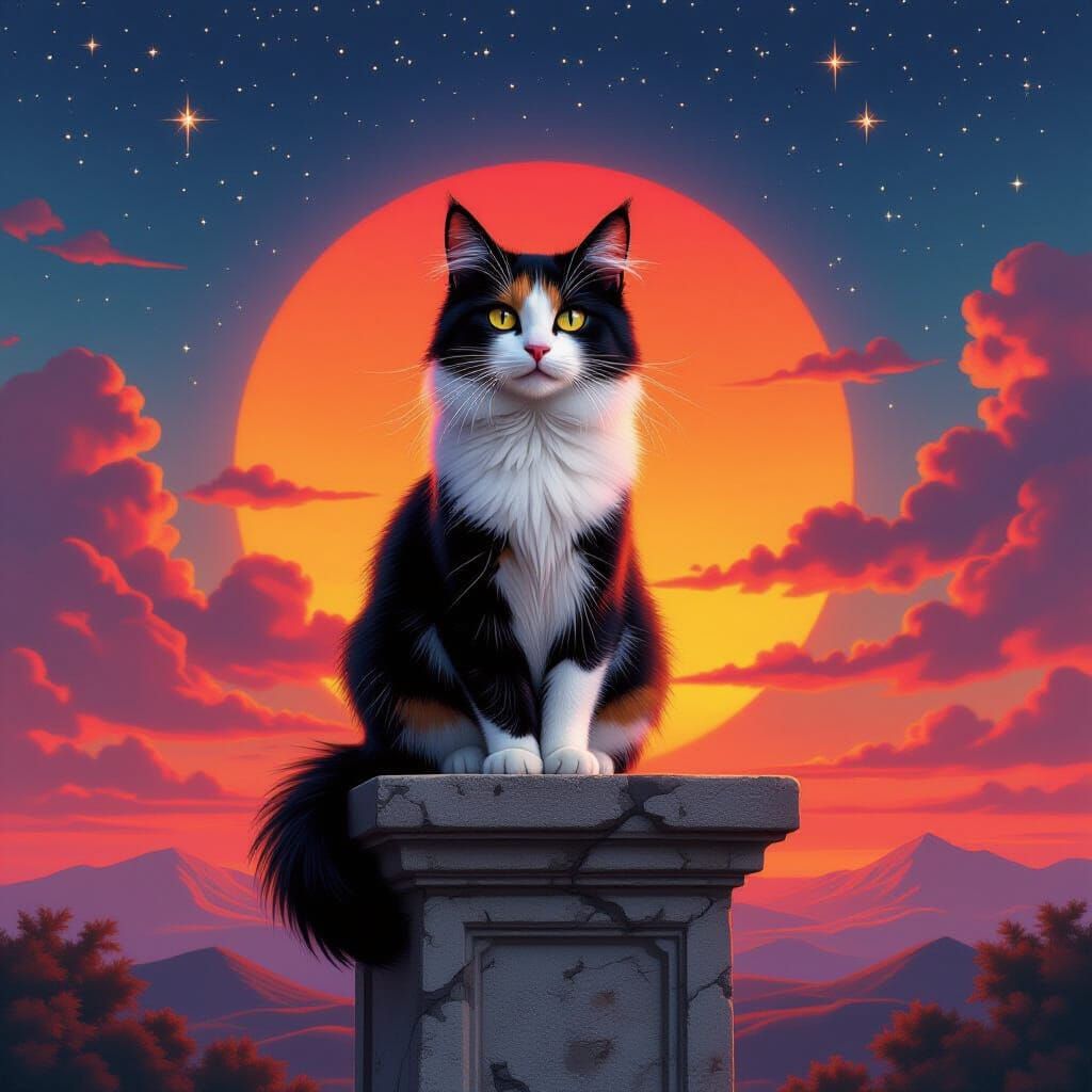 Calico Cat with Orange Mustache at Sunset, Starry Sky