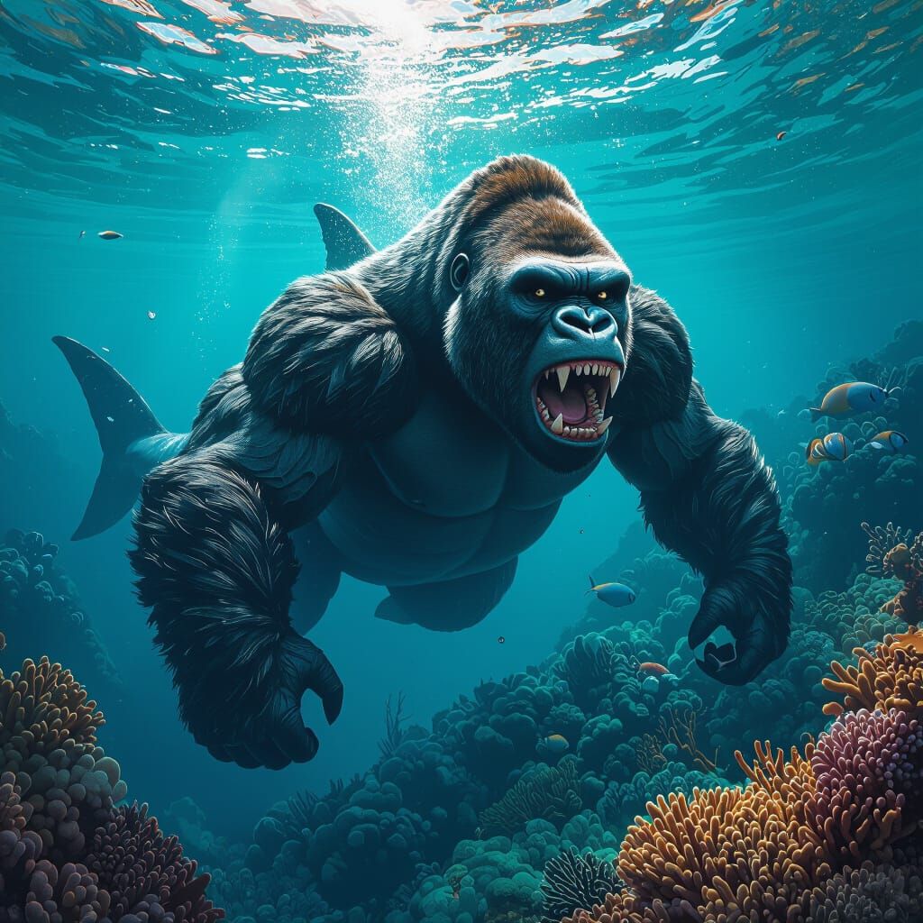 Gorilla-Shark Hybrid in Turquoise Ocean