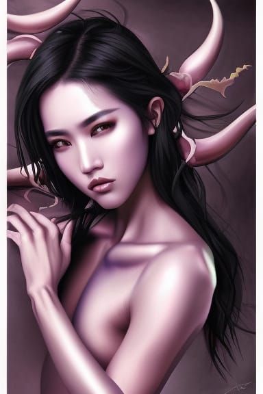 Androgynous Purple Demon with Six Arms in Hyperrealism