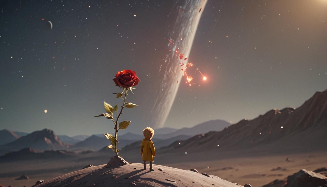 Little Prince and Rose on Asteroid, Hyperrealistic Rendering
