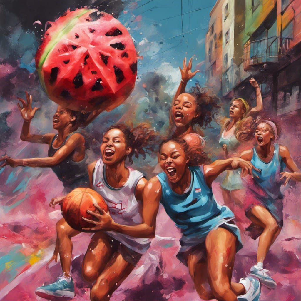 Women's Basketball Game with Watermelon in Graffiti Art