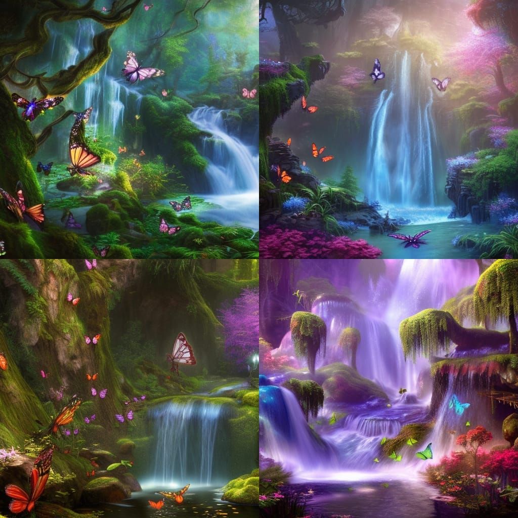 Fantasy Waterfall in Magical Forest with Butterflies
