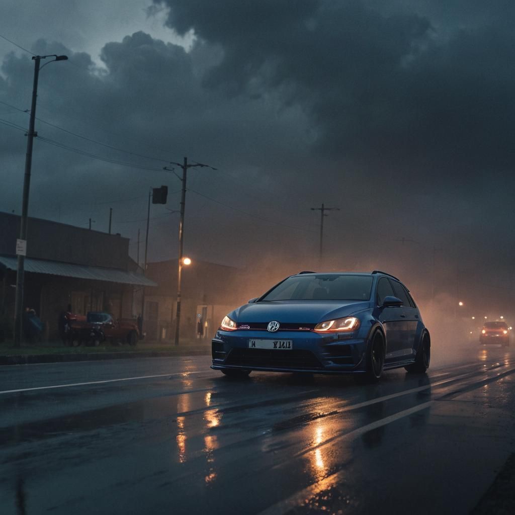 VW Golf 7R Drifting at Night in Automotive Illustration Styl...