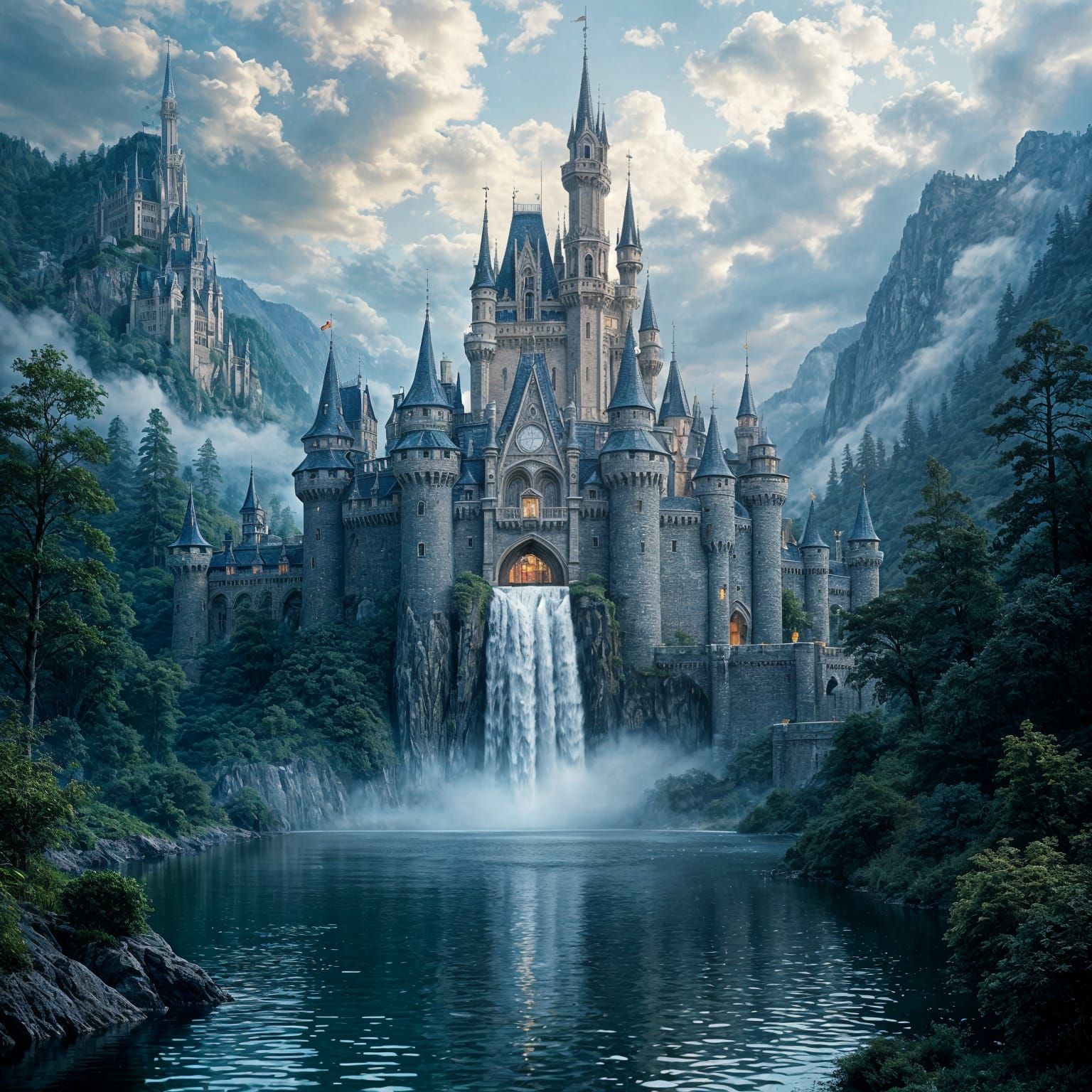 Star Castle with Waterfall: 1800s Painting Style