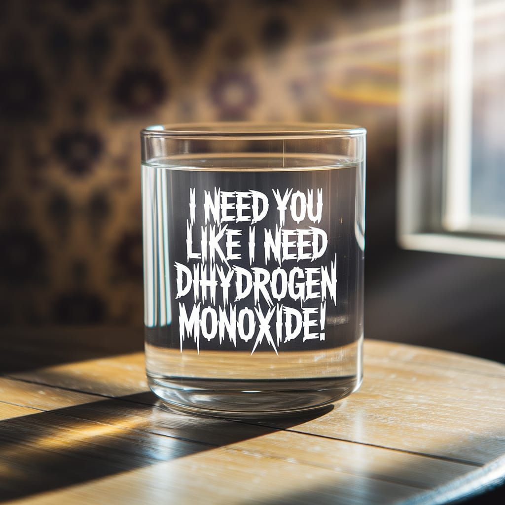 Glass of Water with Metal Font Inscription