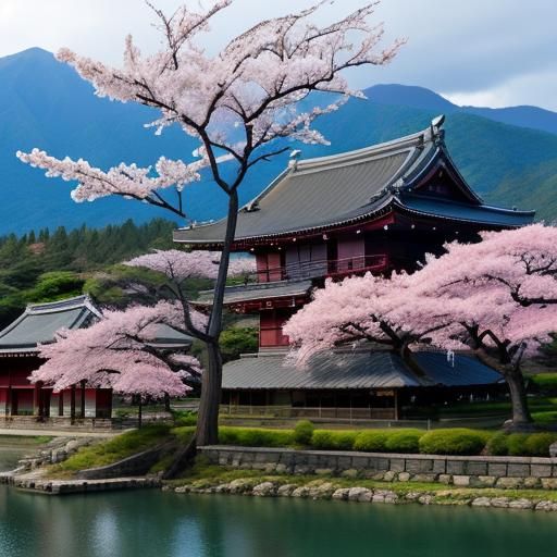 Ancient Sakura Tree by Lake with Japanese Temples