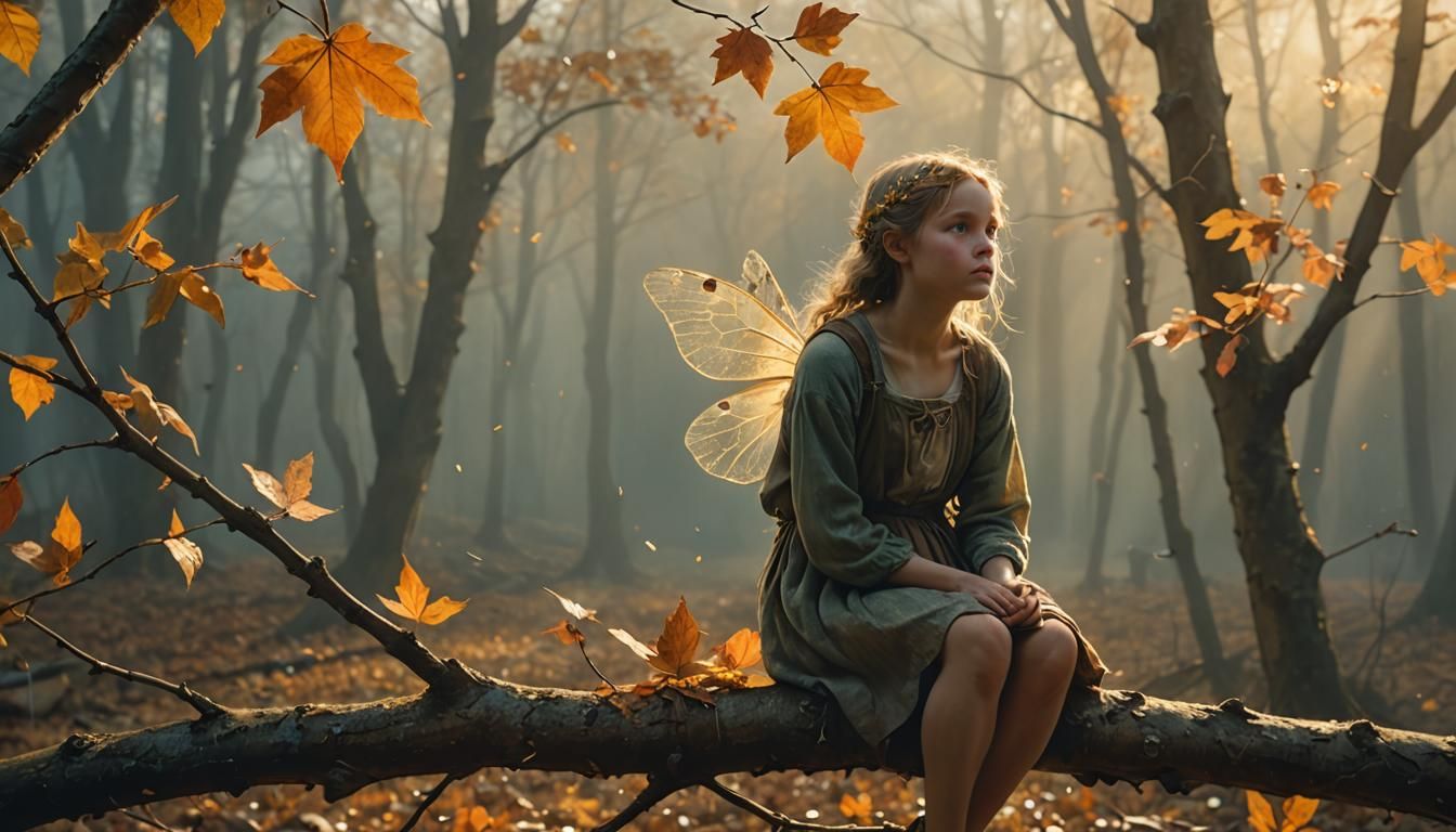 Fairy Watching Autumn Leaf in Golden Light